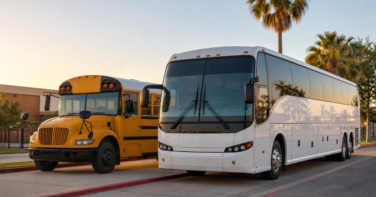 A yellow school bus and a white charter motorcoach parked side by side at a school curb in early morning light.