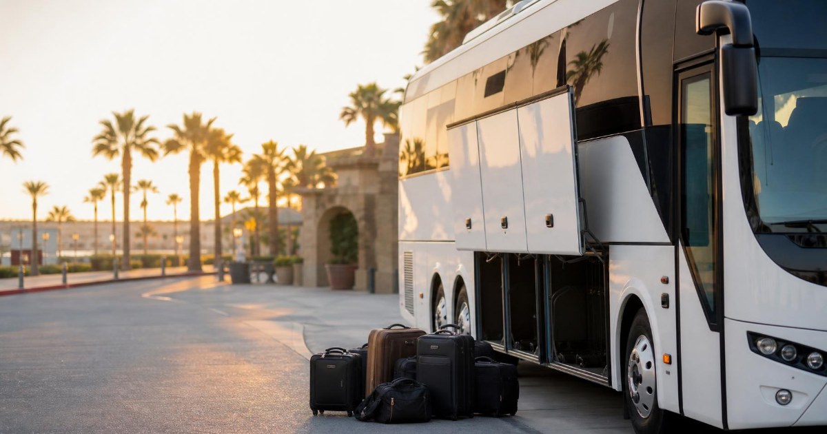 A charter motorcoach parked at a curb in warm afternoon light with its luggage bay open.